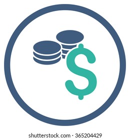 Dollar Coins vector icon. Style is bicolor flat circled symbol, cobalt and cyan colors, rounded angles, white background.