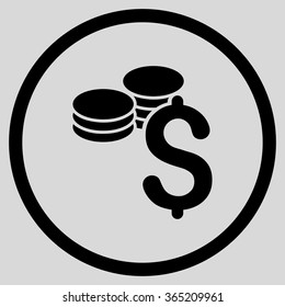 Dollar Coins vector icon. Style is flat circled symbol, black color, rounded angles, light gray background.