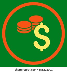 Dollar Coins vector icon. Style is bicolor flat circled symbol, orange and yellow colors, rounded angles, green background.