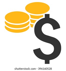 Dollar Coins vector icon. Style is flat symbol, yellow color, white background.