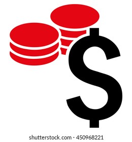 Dollar Coins vector icon. Style is bicolor flat symbol, intensive red and black colors, white background.