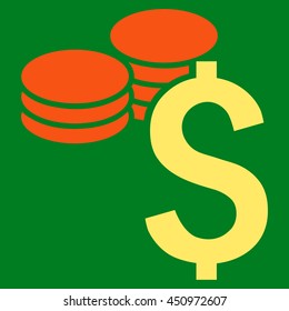 Dollar Coins vector icon. Style is bicolor flat symbol, orange and yellow colors, green background.