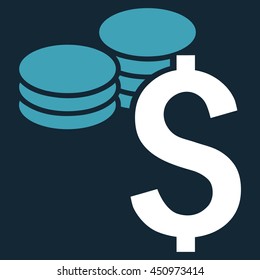 Dollar Coins vector icon. Style is bicolor flat symbol, blue and white colors, dark blue background.