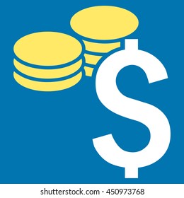 Dollar Coins vector icon. Style is bicolor flat symbol, yellow and white colors, blue background.