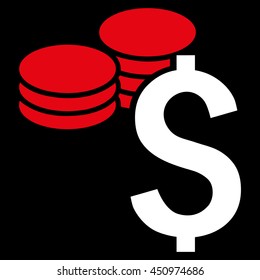 Dollar Coins vector icon. Style is bicolor flat symbol, red and white colors, black background.