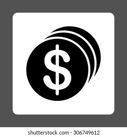Dollar Coins vector icon. This flat rounded square button uses black and white colors and isolated on a gray background.