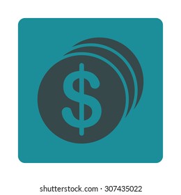 Dollar Coins vector icon. This flat rounded square button uses soft blue colors and isolated on a white background.