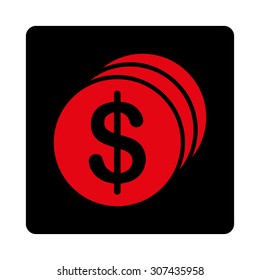 Dollar Coins vector icon. This flat rounded square button uses intensive red and black colors and isolated on a white background.