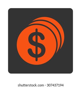 Dollar Coins vector icon. This flat rounded square button uses orange and gray colors and isolated on a white background.