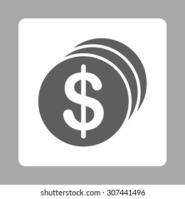Dollar Coins vector icon. This flat rounded square button uses dark gray and white colors and isolated on a silver background.