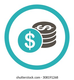Dollar Coins vector icon. This flat rounded symbol uses grey and cyan colors and isolated on a white background.