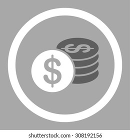 Dollar Coins vector icon. This flat rounded symbol uses dark gray and white colors and isolated on a silver background.