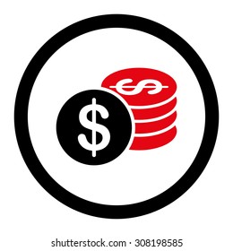 Dollar Coins vector icon. This flat rounded symbol uses intensive red and black colors and isolated on a white background.