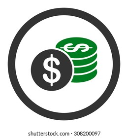 Dollar Coins vector icon. This flat rounded symbol uses green and gray colors and isolated on a white background.