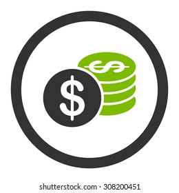 Dollar Coins vector icon. This flat rounded symbol uses eco green and gray colors and isolated on a white background.