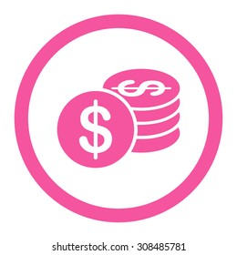 Dollar Coins vector icon. This flat rounded symbol uses pink color and isolated on a white background.
