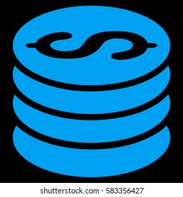 Dollar Coins vector pictogram. Illustration style is a flat iconic blue symbol on black background.