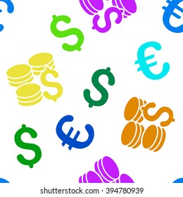 Dollar Coins vector repeatable pattern with dollar and euro currency symbols. Style is flat colored icons on a white background.