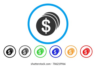 Dollar Coins vector rounded icon. Image style is a flat gray icon symbol inside a blue circle. Bonus color versions are grey, black, blue, green, red, orange.