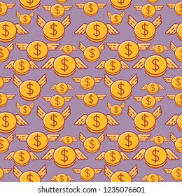 Dollar coins with wings, seamless vector pattern.
