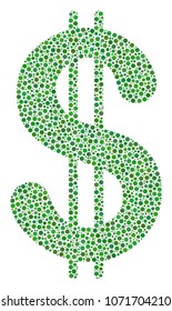 Dollar collage of dots in variable sizes and color tones. Circle elements are composed into dollar vector mosaic. Dotted vector design concept.