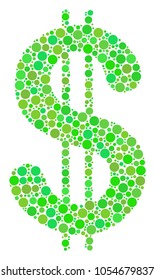Dollar collage of filled circles in various sizes and fresh green color tints. Vector circle elements are composed into dollar collage. Freshness design concept.