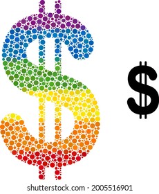 Dollar collage icon of spheric blots in different sizes and rainbow color tints. A dotted LGBT-colored dollar for lesbians, gays, bisexuals, and transgenders.