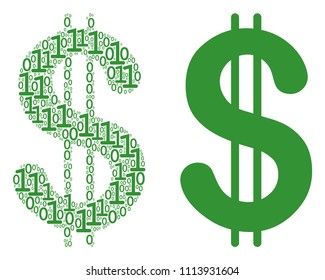 Dollar collage icon of zero and one symbols in different sizes. Vector digit symbols are united into dollar composition design concept.