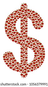 Dollar collage of tomato vegetables. Vector tomato vegetable elements are combined into dollar illustration. Diet vector illustration.