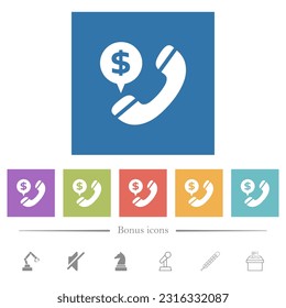Dollar commercial call flat white icons in square backgrounds. 6 bonus icons included.