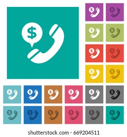 Dollar commercial call multi colored flat icons on plain square backgrounds. Included white and darker icon variations for hover or active effects.