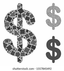 Dollar composition of joggly items in different sizes and color hues, based on dollar icon. Vector inequal items are grouped into composition. Dollar icons collage with dotted pattern.