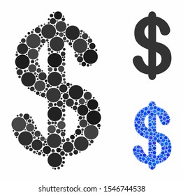 Dollar composition of round dots in variable sizes and shades, based on dollar icon. Vector round dots are grouped into blue composition. Dotted dollar icon in usual and blue versions.