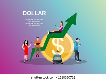 Dollar concept vector illustration of young people using laptop and smartphone for online funding and making investments for dollar. Flat design.