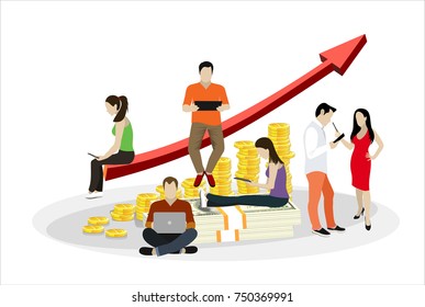 Dollar concept vector illustration of young people using laptop and smartphone for online funding and making investments for dollar. Flat design.