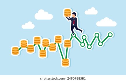 Dollar Cost Averaging investing the same amount monthly to build wealth and earn profit, concept of A smart investor stacks coins monthly for sustained growth