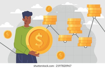 Dollar cost averaging. Investor chooses strategy for earning, successful entrepreneur. Earnings on Internet, financial literacy and passive income, economics. Cartoon flat vector illustration