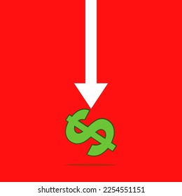 Dollar crash symbol with white arrow on red background. Global Economic Downturn. Recession. Market Crash.