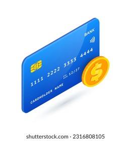 Dollar Credit Card 3D icon. Vector Isometric credit card with American dollar sign. Online banking payment symbol. Currency transactions, Online money transfer concept. For web, app, advert.