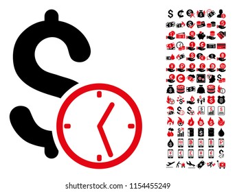 Dollar credit clock icon. Vector illustration style is flat iconic symbols in black and red colors. Bonus contains 90 icons designed for business and commercial applications.