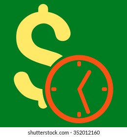 Dollar Credit vector icon. Style is bicolor flat symbol, orange and yellow colors, rounded angles, green background.
