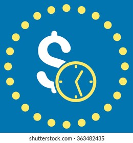 Dollar Credit vector icon. Style is bicolor flat circled symbol, yellow and white colors, rounded angles, blue background.