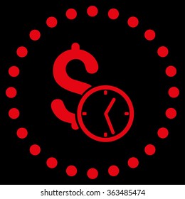 Dollar Credit vector icon. Style is flat circled symbol, red color, rounded angles, black background.