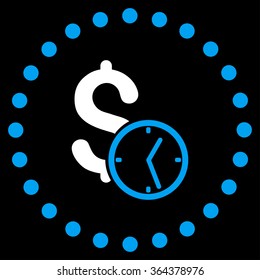 Dollar Credit vector icon. Style is bicolor flat circled symbol, blue and white colors, rounded angles, black background.