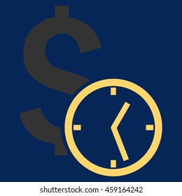 Dollar Credit vector icon. Style is flat symbol, yellow color, blue background.
