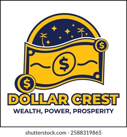 Dollar Crest Logo illustration vector design with dollar bills in yellow and blue colors. suitable for logos, icons, posters, advertisements, banners, companies, t-shirt designs, stickers, websites.