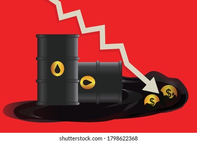 dollar, crude oil price down concept, oil leaked from barrel with down arrow. red background, illustration, dollar coins in crude oil, dollar value down fall concept