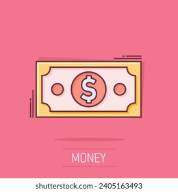 Dollar currency banknote icon in comic style. Dollar cash vector cartoon illustration pictogram. Banknote bill business concept splash effect.