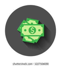 Dollar currency banknote icon in flat style. Dollar cash vector illustration with long shadow. Banknote bill business concept.