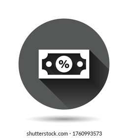 Dollar currency banknote icon in flat style. Dollar cash discount vector illustration on black round background with long shadow effect. Banknote bill with percent circle button business concept.